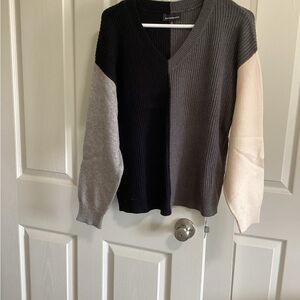 Color Block V-Neck Sweater in Black, Gray, and Cream